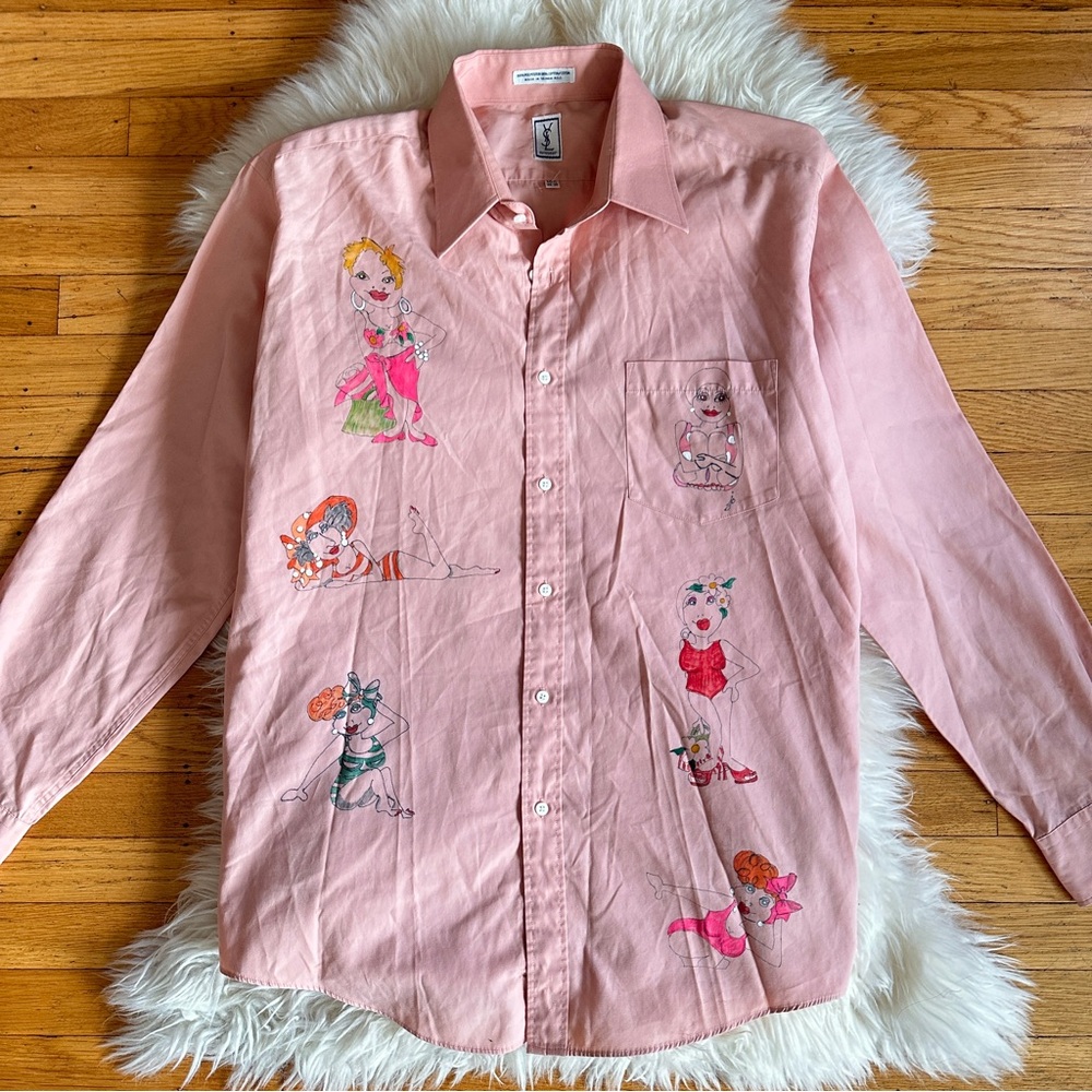 vintage 1970s YSL pink avante garde drawn on button down shirt oversized OS